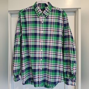 Ralph Lauren Mens Dress Shirt, Green Plaid Button Down Cotton, Brown Pony, Large
